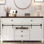 Zstar Farmhouse 5 Drawers Dresser for Bedroom with Sliding Barn Doors, Wood Dresser & Chest of Drawers, Rustic TV Stand,White