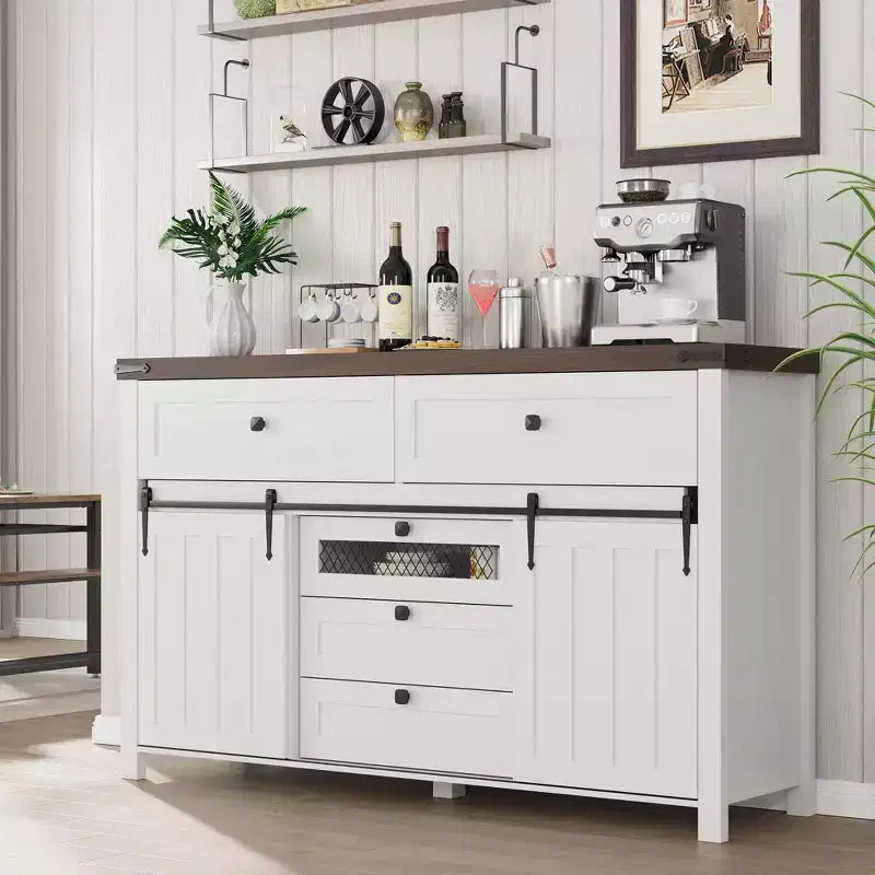 Cassettiera con 5 cassetti e ante scorrevoli stile fienile, colore bianco – Singolo