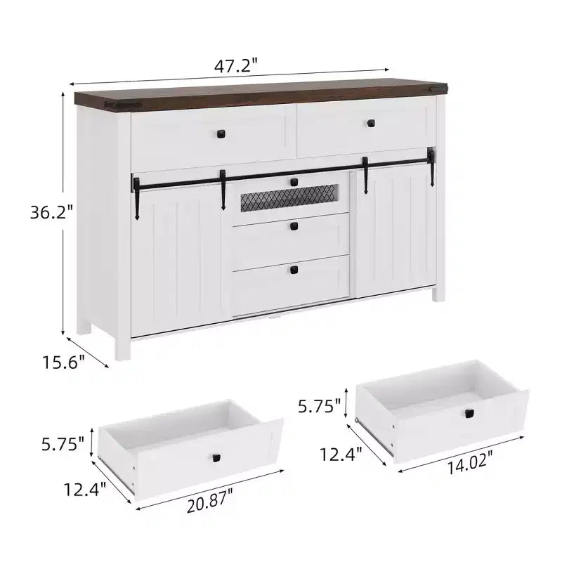 Cassettiera con 5 cassetti e ante scorrevoli stile fienile, colore bianco – Singolo