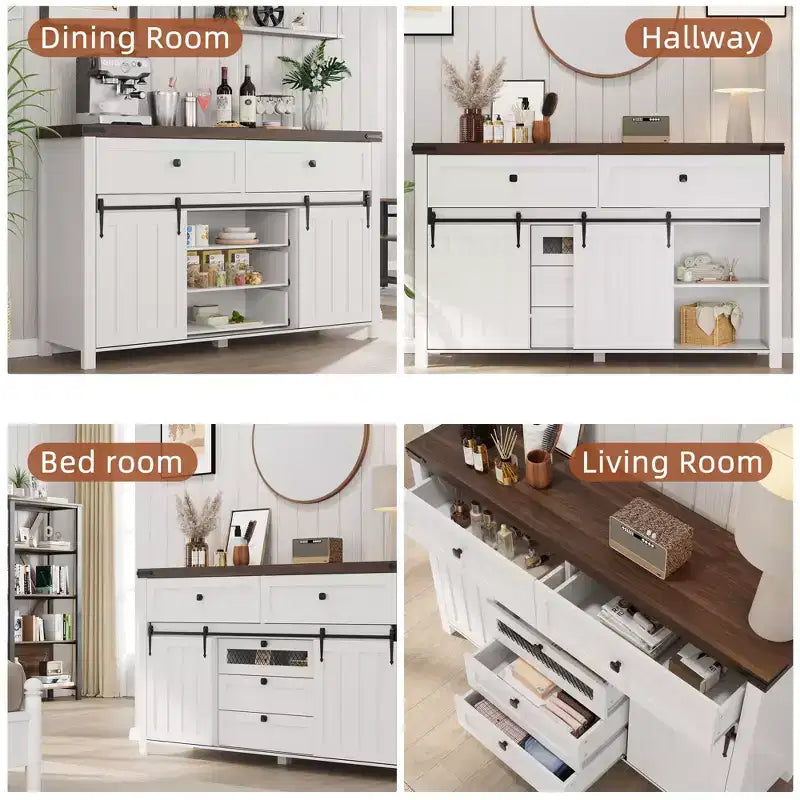 Cassettiera con 5 cassetti e ante scorrevoli stile fienile, colore bianco – Singolo