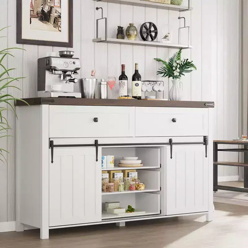 Cassettiera con 5 cassetti e ante scorrevoli stile fienile, colore bianco – Singolo