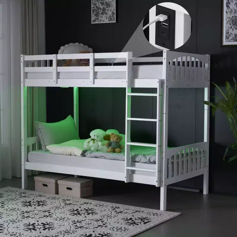 Letto a castello singolo su singolo bianco con luci a LED e ricarica USB, per 2 persone