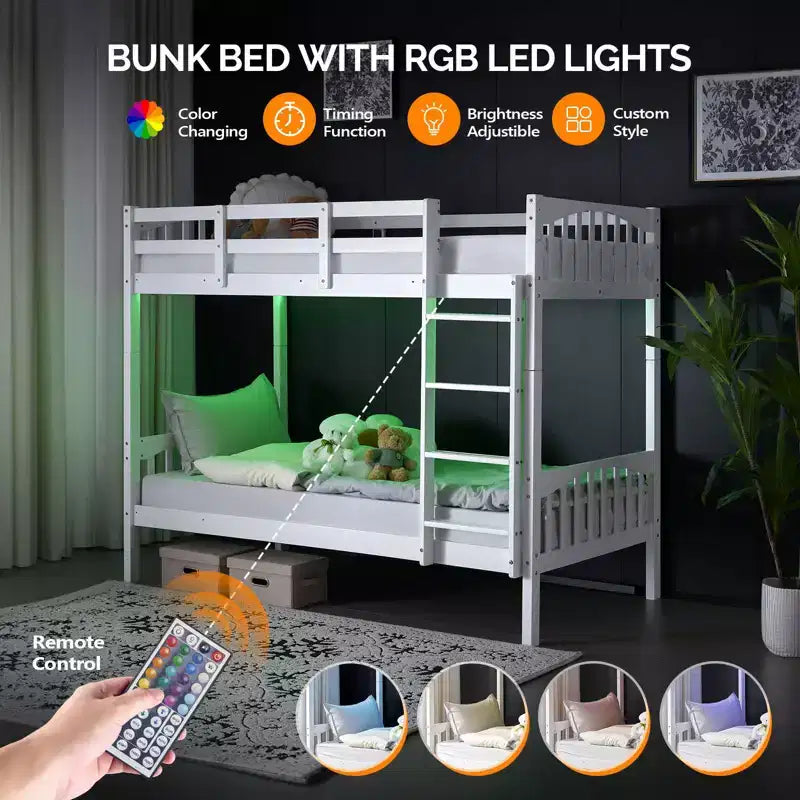 Letto a castello singolo su singolo bianco con luci a LED e ricarica USB, per 2 persone