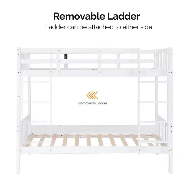 Letto a castello singolo su singolo bianco con luci a LED e ricarica USB, per 2 persone