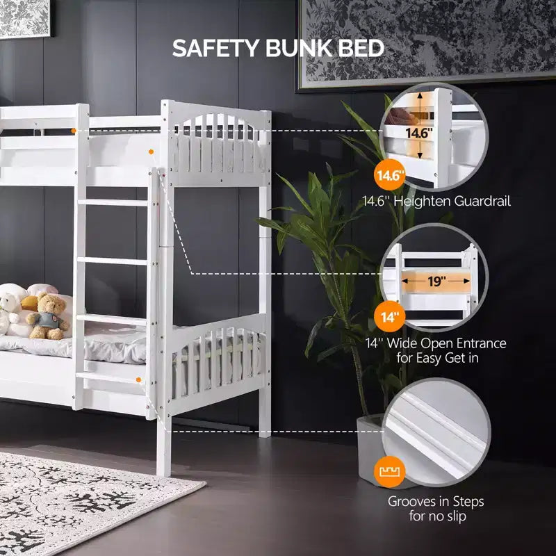 Letto a castello singolo su singolo bianco con luci a LED e ricarica USB, per 2 persone