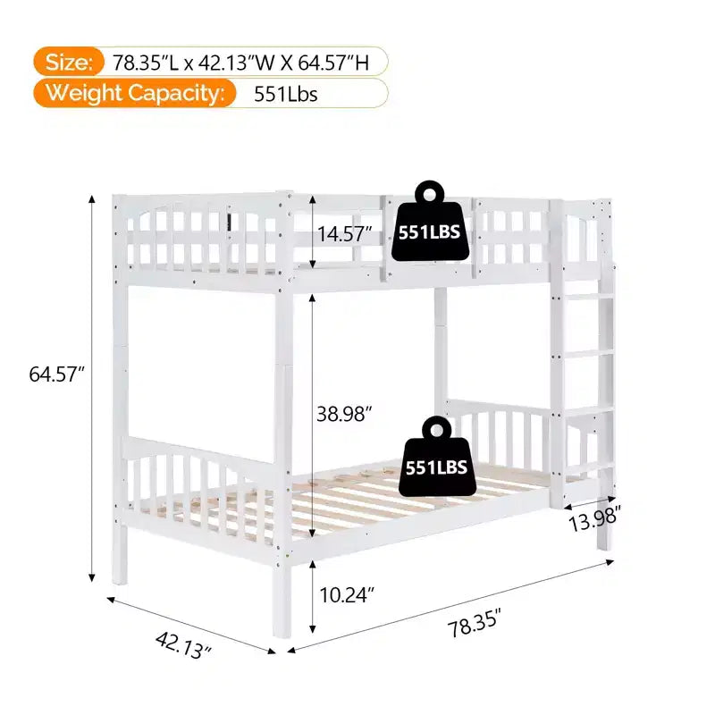 Letto a castello singolo su singolo bianco con luci a LED e ricarica USB, per 2 persone