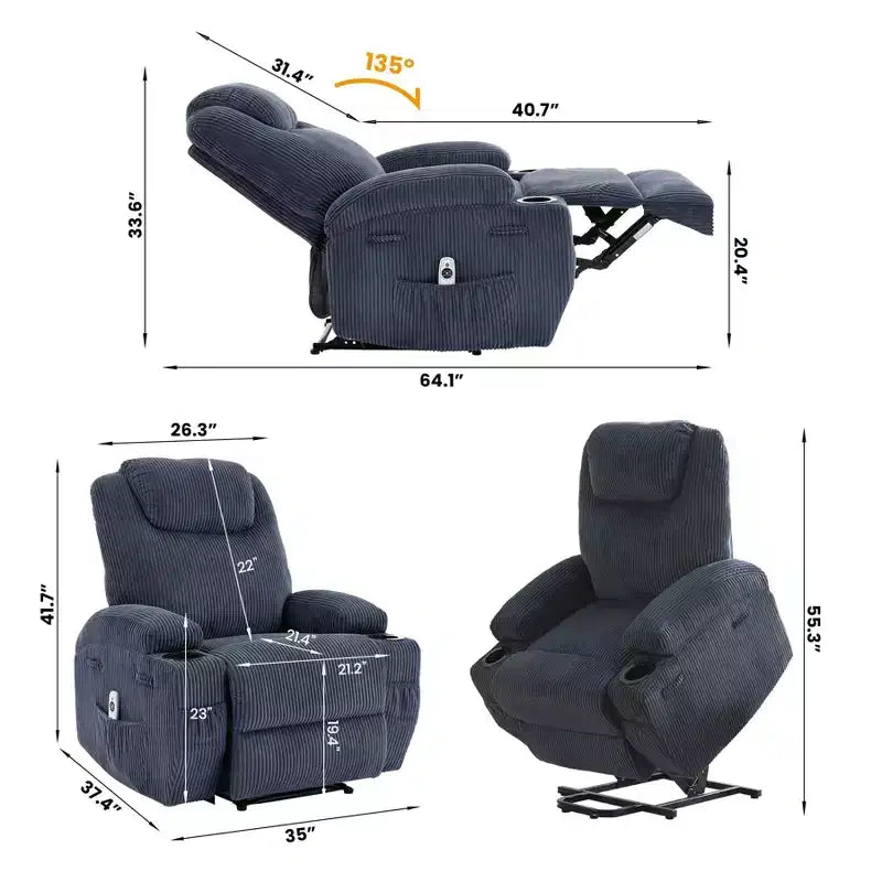 Poltrona reclinabile elettrica in velluto con massaggio e riscaldamento, 1 posto, verde avocado / marrone caffè / blu mare profondo / grigio discreto