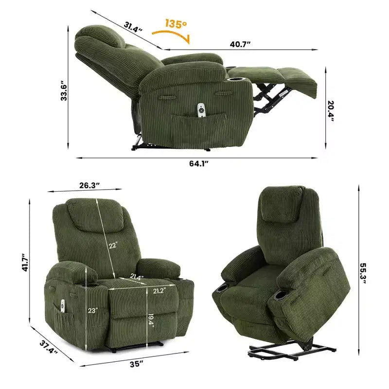 Poltrona reclinabile elettrica in velluto con massaggio e riscaldamento, 1 posto, verde avocado / marrone caffè / blu mare profondo / grigio discreto