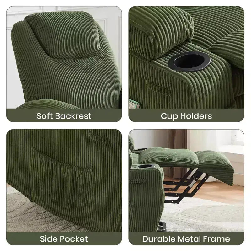 Poltrona reclinabile elettrica in velluto con massaggio e riscaldamento, 1 posto, verde avocado / marrone caffè / blu mare profondo / grigio discreto