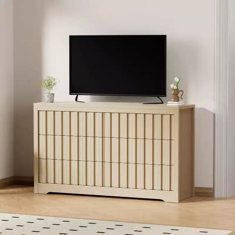 Comò naturale a 6 cassetti con scanalature – Cassettiera in legno senza maniglie per 1 persona