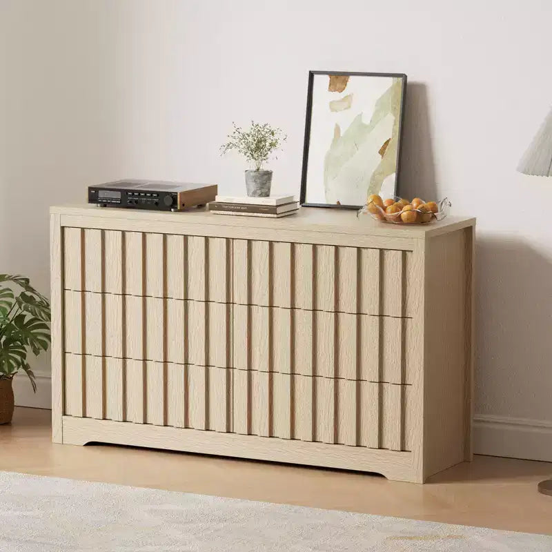 Comò naturale a 6 cassetti con scanalature – Cassettiera in legno senza maniglie per 1 persona