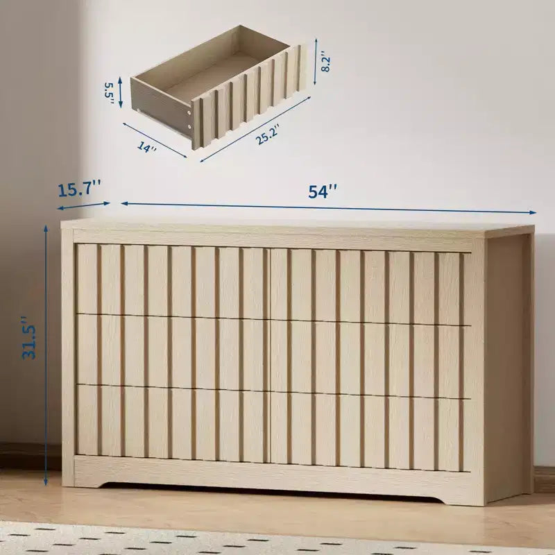 Comò naturale a 6 cassetti con scanalature – Cassettiera in legno senza maniglie per 1 persona