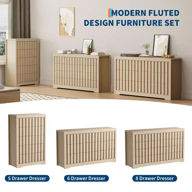 Comò naturale a 6 cassetti con scanalature – Cassettiera in legno senza maniglie per 1 persona