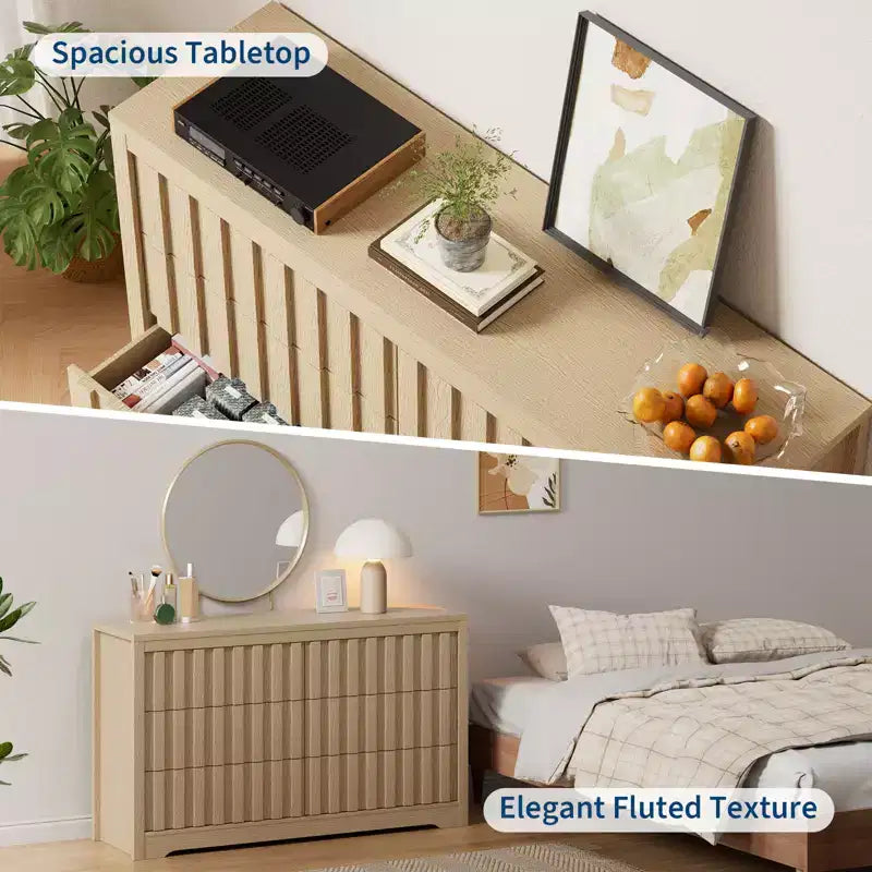 Comò naturale a 6 cassetti con scanalature – Cassettiera in legno senza maniglie per 1 persona