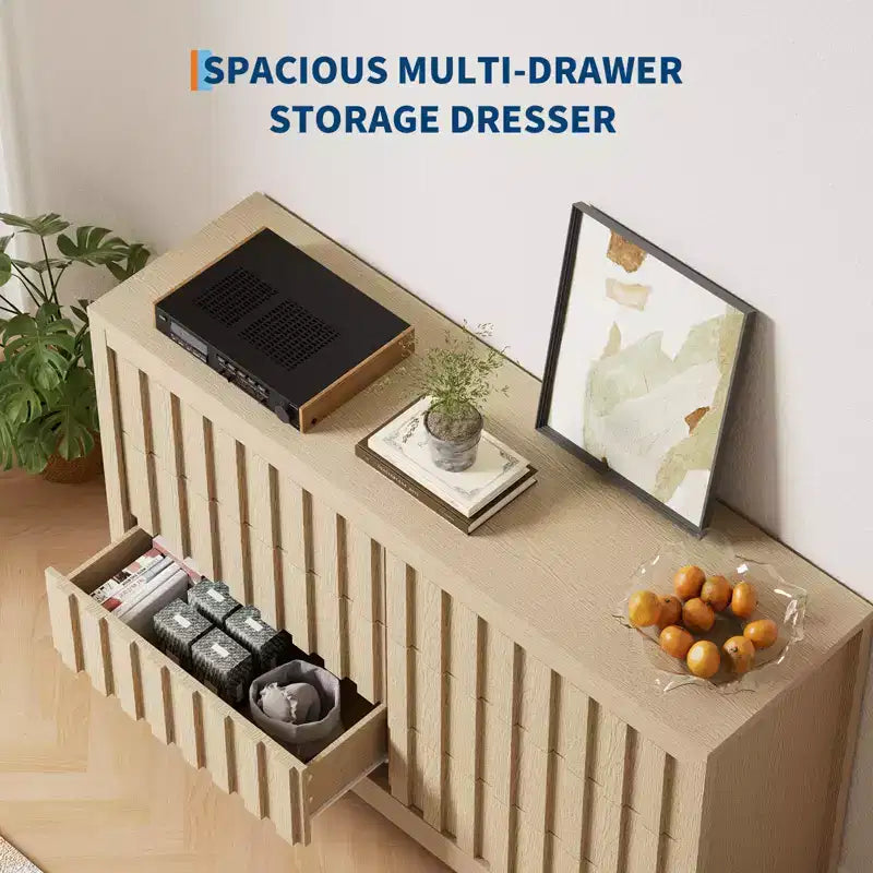 Comò naturale a 6 cassetti con scanalature – Cassettiera in legno senza maniglie per 1 persona