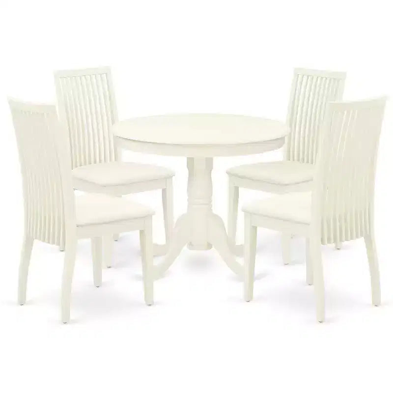 HomeStock 5-Piece Round Linen White Finish Solid Wood Top Dining table with 4 Chairs