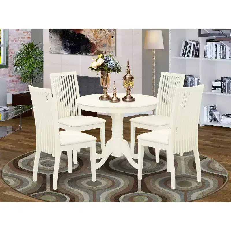 Set tavolo da pranzo rotondo bianco lino, 4 posti, 5 pezzi