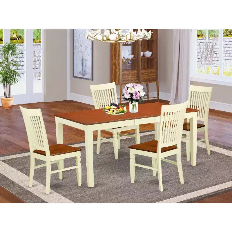 Set da pranzo rotondo con finitura ciliegio, legno e similpelle, 4 posti, 5 pezzi