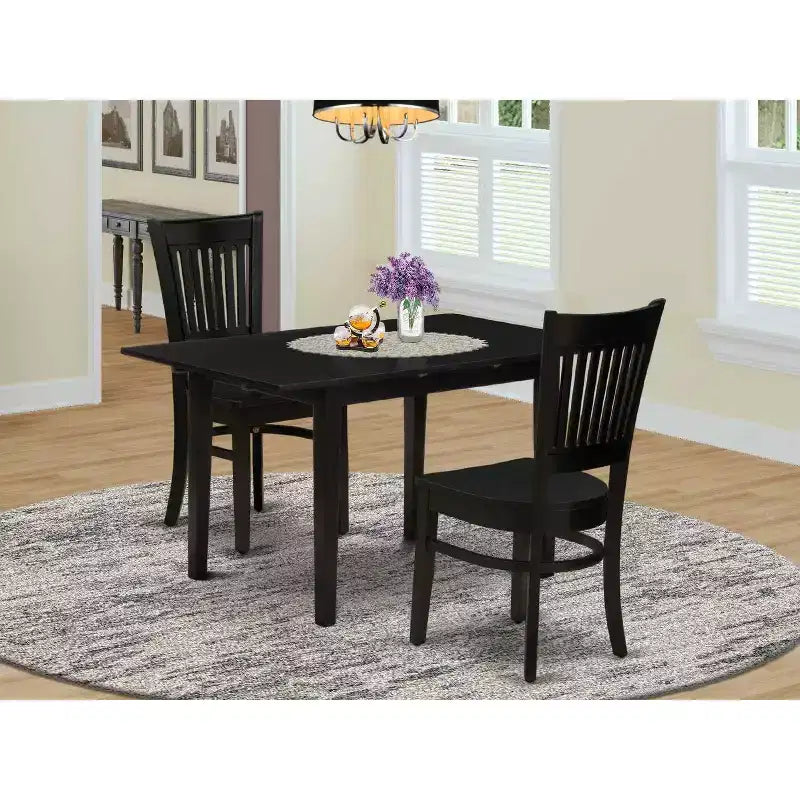 Set tavolo da pranzo rettangolare nero in legno, sedie in similpelle, 2 posti, 3 pezzi