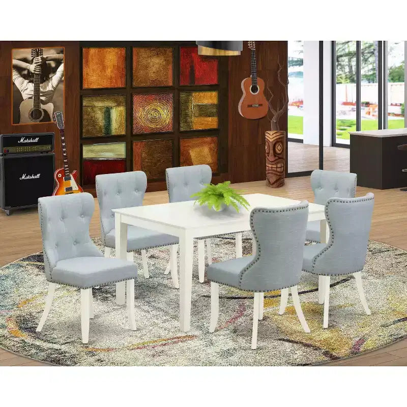 Set da pranzo rettangolare bianco a 7 pezzi, 6 posti – Struttura in legno e sedie in similpelle