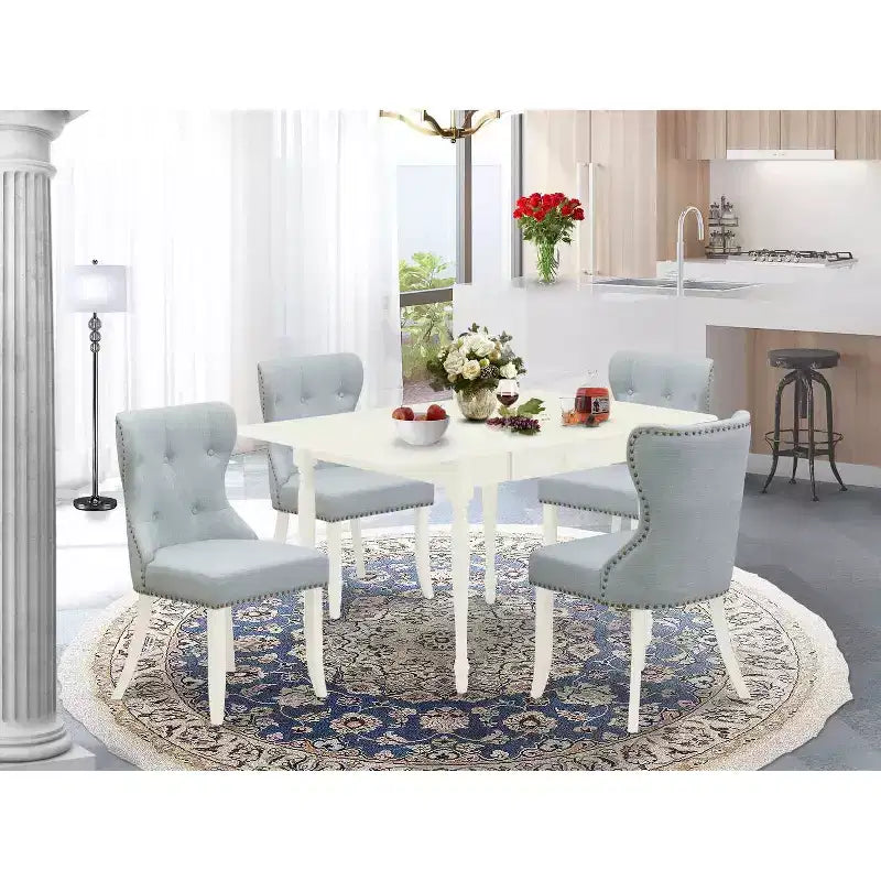 Set da pranzo rettangolare in 5 pezzi in lino bianco, 4 posti a sedere