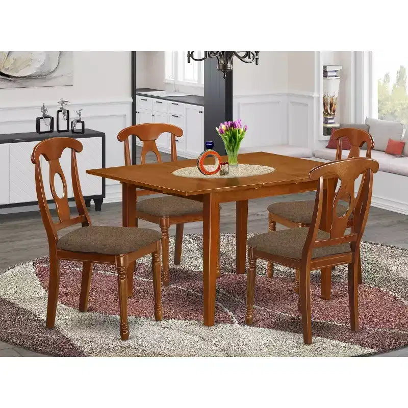 Set da pranzo in 5 pezzi in legno marrone sella e similpelle, 4 posti a sedere