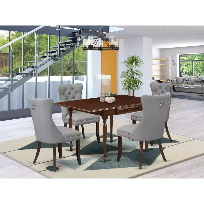 Set da pranzo di 5 pezzi in mogano, con rivestimento in similpelle – 4 posti a sedere