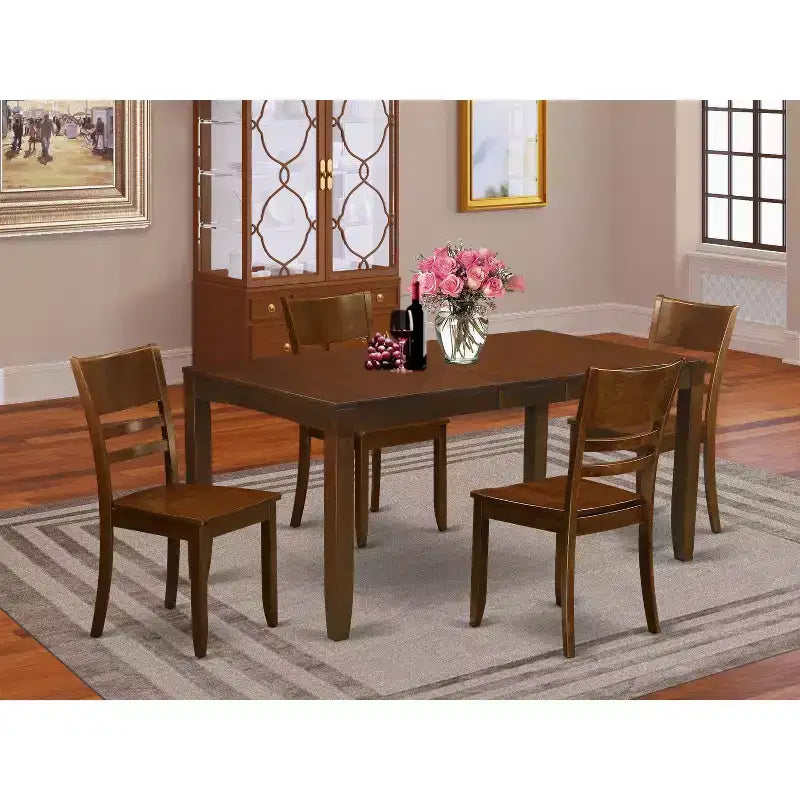 Set da pranzo in legno marrone e similpelle, rettangolare, 6 posti a sedere