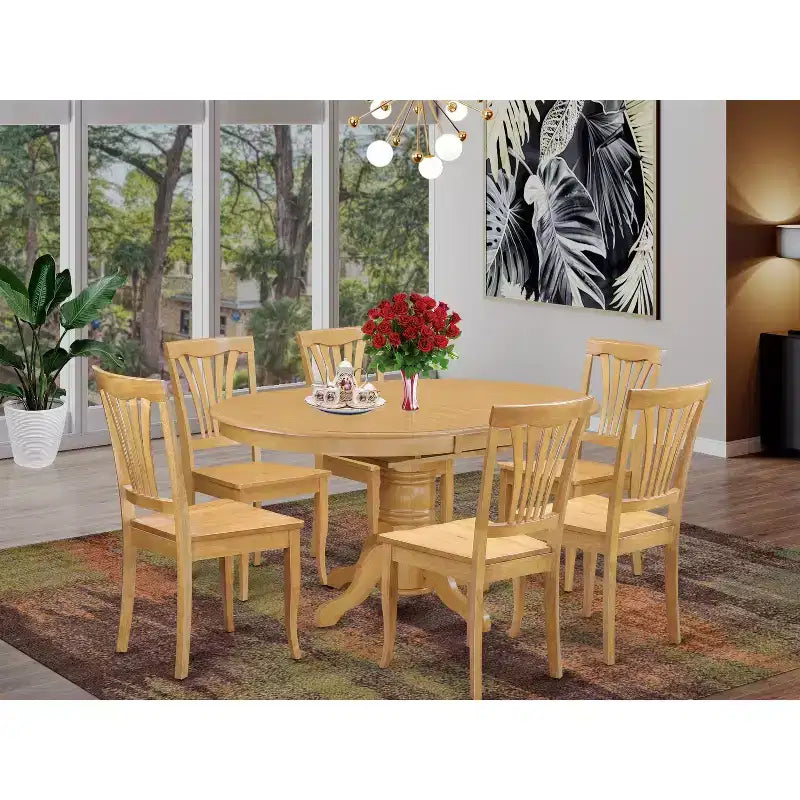 Set da pranzo rotondo in rovere da 7 pezzi con 6 sedie in similpelle