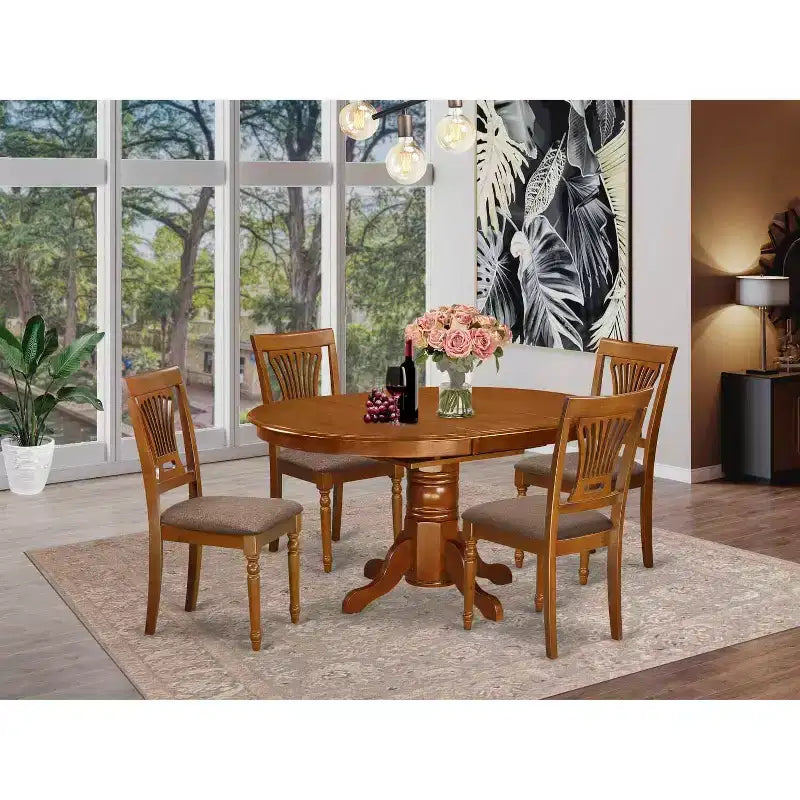 Set tavolo da pranzo ovale marrone in legno, sedie in similpelle con braccioli, 4 posti, 5 pezzi
