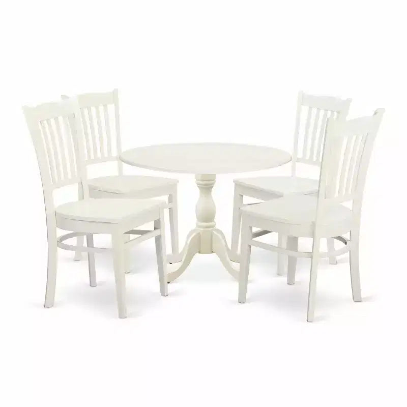 HomeStock 5-Piece Linen White Finish Solid Wood Top Dining table with 4 Chairs with Drop Leaf Slat Back