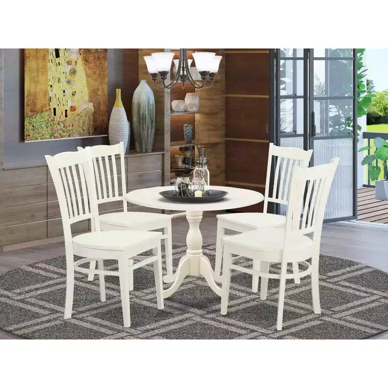 Set da pranzo rotondo bianco 5 pezzi, 4 posti – Tavolo in legno e sedie con braccioli in similpelle