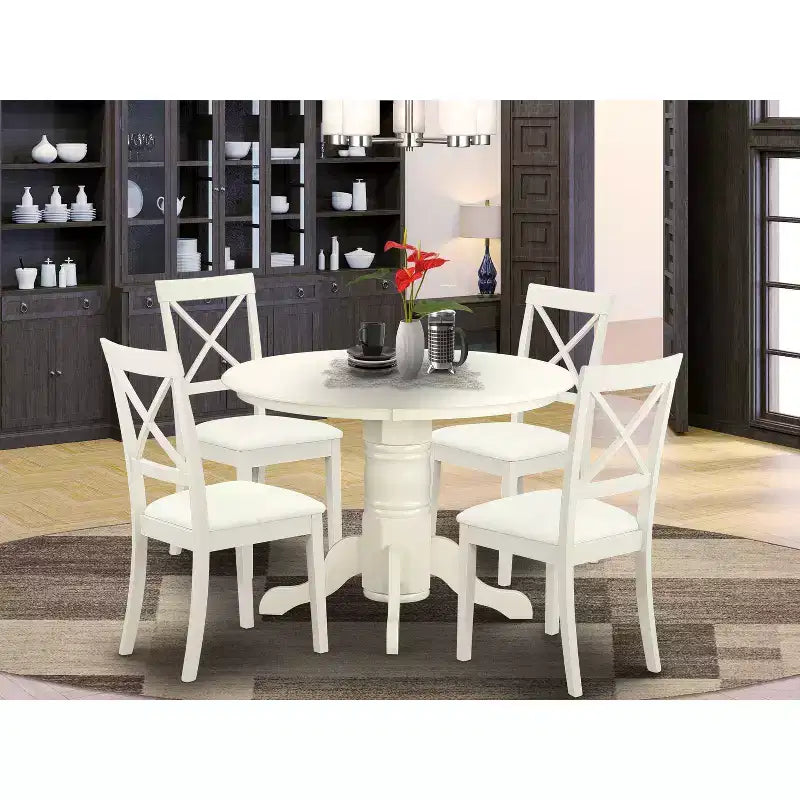Set tavolo da pranzo rotondo panna e ciliegio, 4 posti, 5 pezzi