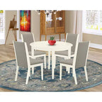 Set da pranzo rotondo, bianco lino, piano in legno, 4 posti, 5 pezzi