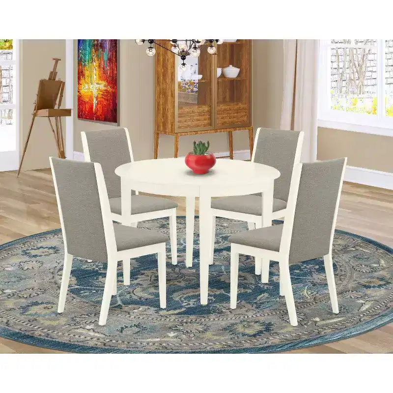 Set da pranzo rotondo, bianco lino, piano in legno, 4 posti, 5 pezzi