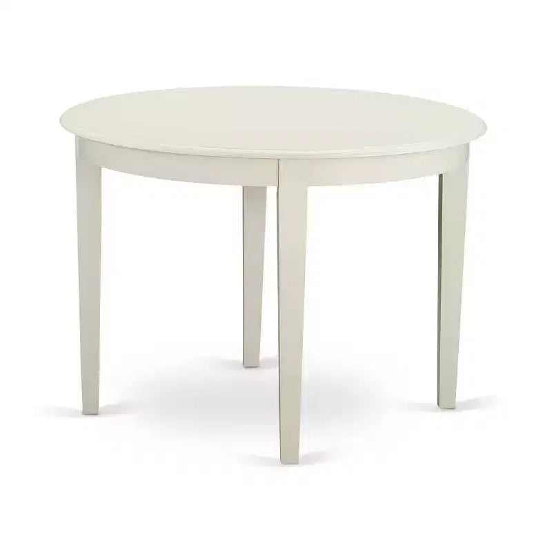 Set da pranzo rotondo, bianco lino, piano in legno, 4 posti, 5 pezzi