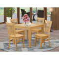 Set da pranzo rotondo in rovere naturale, sedie in similpelle, 4 posti, 5 pezzi