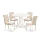 HomeStock 5-Piece Round Linen White Finish Solid Wood Top Dining Table with 4-Parson Chair