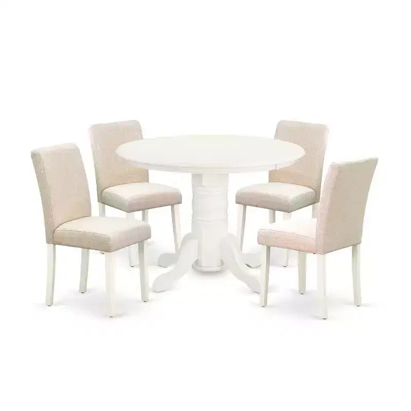 HomeStock 5-Piece Round Linen White Finish Solid Wood Top Dining Table with 4-Parson Chair