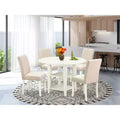Set da pranzo rotondo bianco lino, piano in legno e sedie in similpelle, 4 posti, 5 pezzi