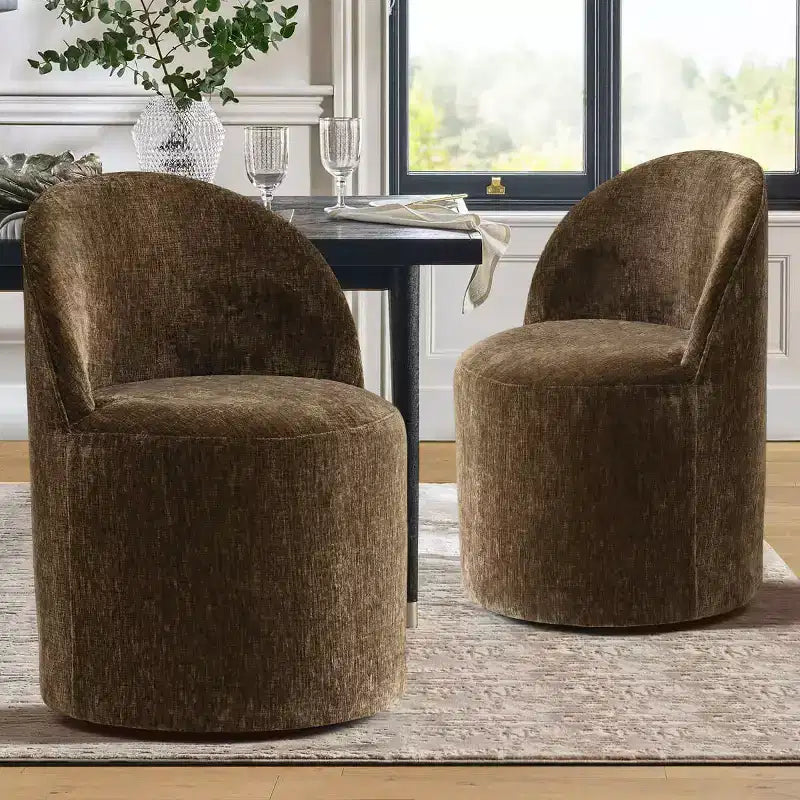 Sedia da pranzo con ruote in ciniglia – Set da 2 | Beige / Nero / Marrone / Verde salvia / Verde oliva / Terra / Brie