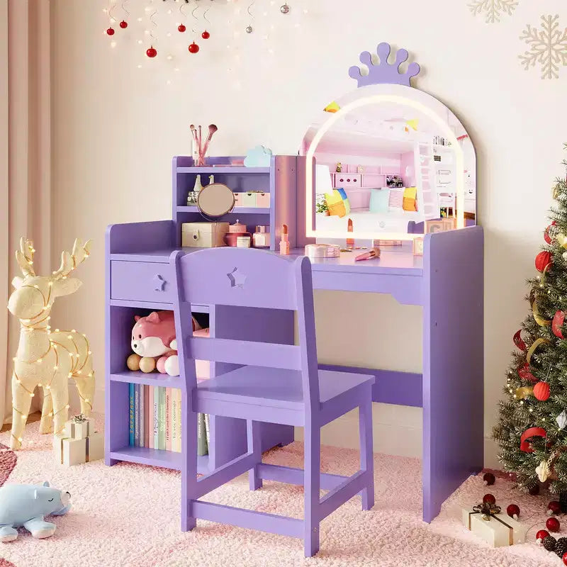 Tavolino da trucco viola per bambini con specchio LED e libreria, 1 posto, MDF