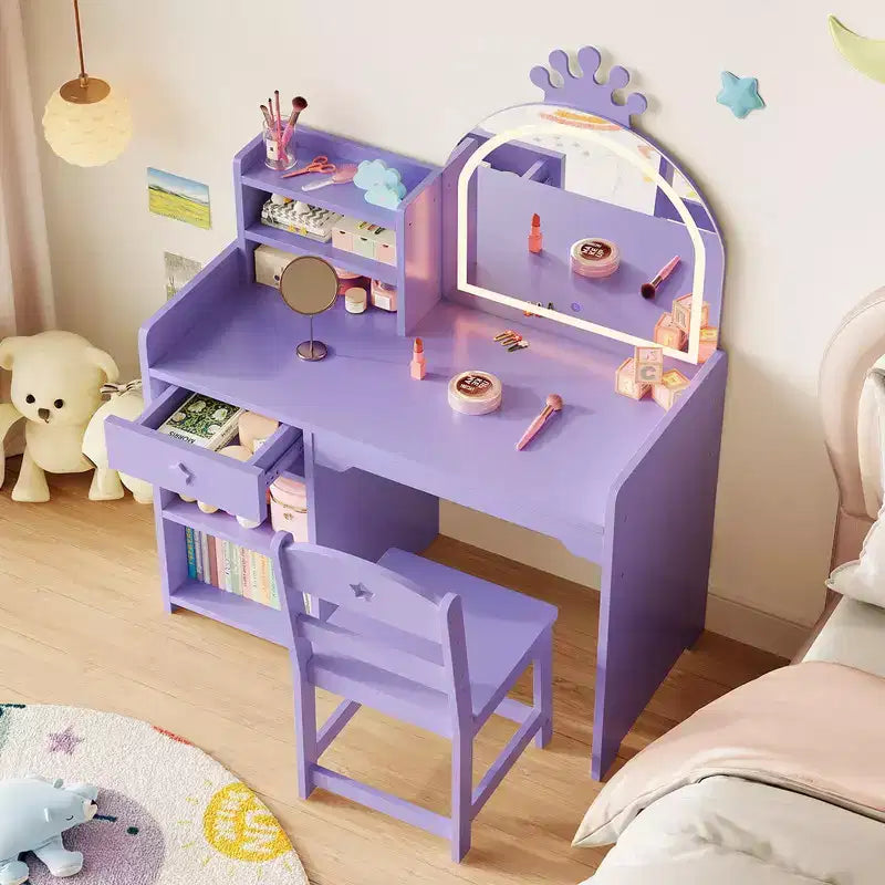 Tavolino da trucco viola per bambini con specchio LED e libreria, 1 posto, MDF
