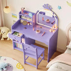 Tavolino da trucco viola per bambini con specchio LED e libreria, 1 posto, MDF