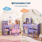 Tavolino da trucco viola per bambini con specchio LED e libreria, 1 posto, MDF