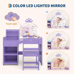 Tavolino da trucco viola per bambini con specchio LED e libreria, 1 posto, MDF