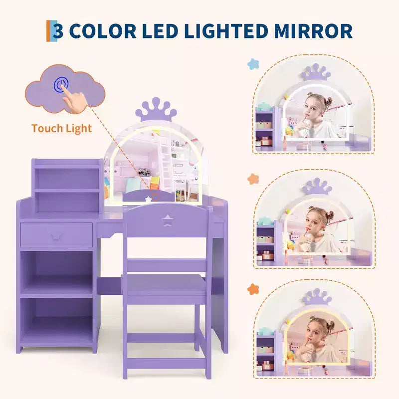 Tavolino da trucco viola per bambini con specchio LED e libreria, 1 posto, MDF