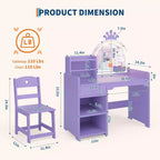 Tavolino da trucco viola per bambini con specchio LED e libreria, 1 posto, MDF