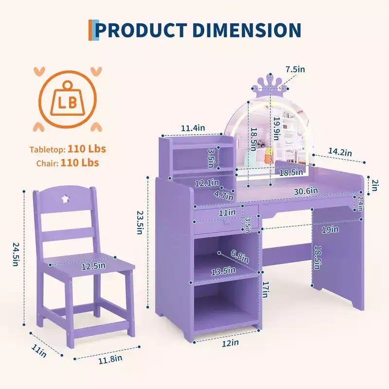 Tavolino da trucco viola per bambini con specchio LED e libreria, 1 posto, MDF