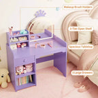 Tavolino da trucco viola per bambini con specchio LED e libreria, 1 posto, MDF